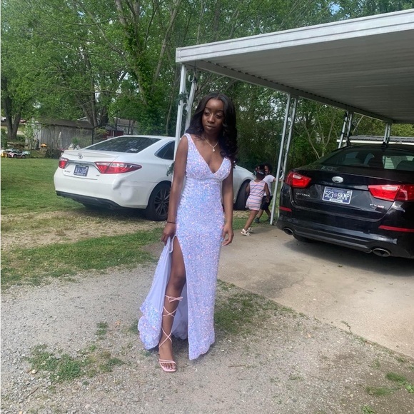 Rachel Allen White iridescent blue and pink prom dress - Picture 8 of 8